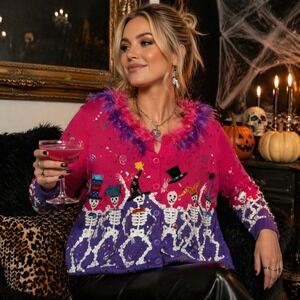 Vintage Design Options Skeleton Cardigan M Beaded Halloween Sweater Pink Purple